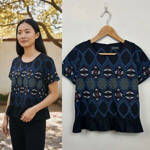 Bateeq Blue and Black Ruffle Trim Bee Print Top Az L